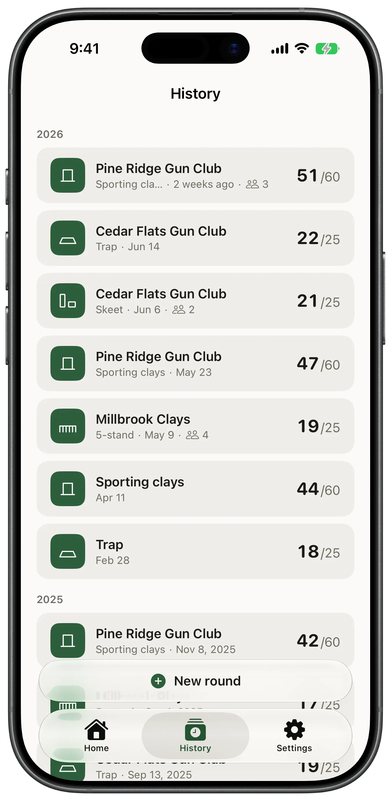 A shooter's round history in StandCard, shown on an iPhone