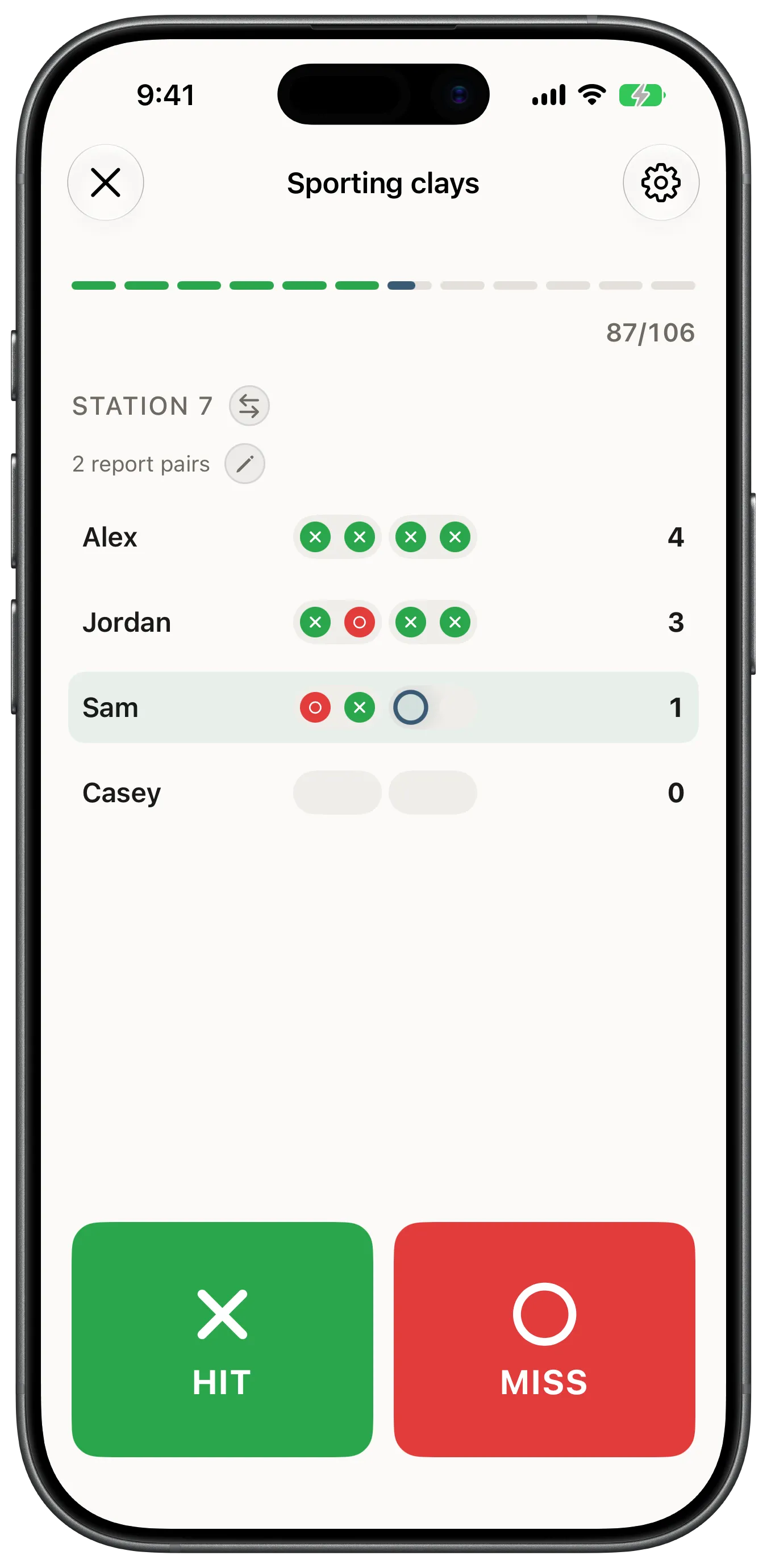 Scoring a sporting clays round in StandCard, shown on an iPhone